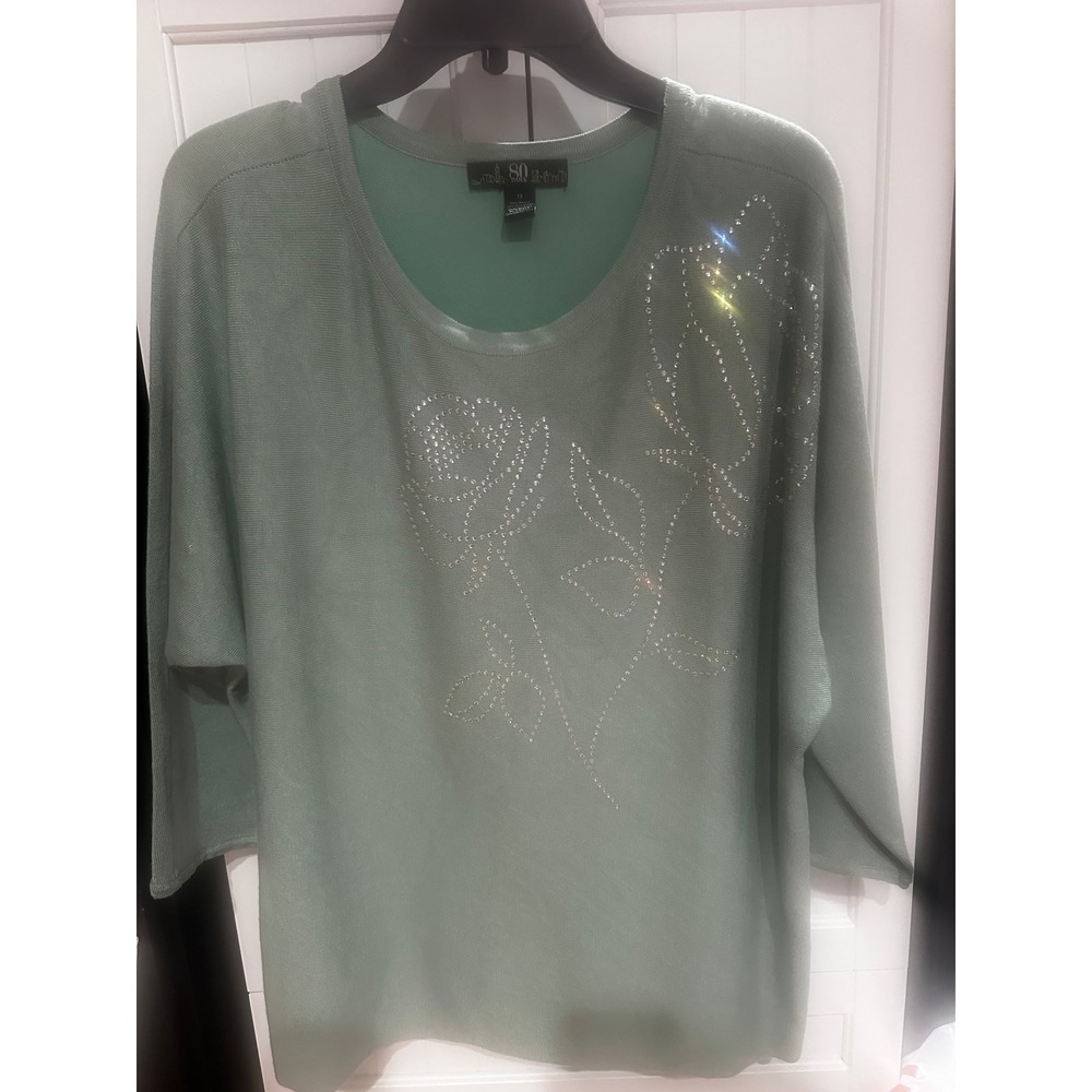 80 Park Women 1X Sage Green Rhinestone Rose Knit Sweater Dolman Sleeve Top